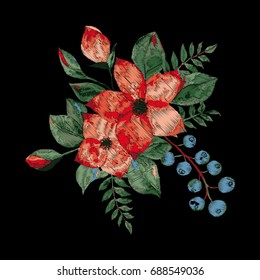 Floral print in vector. Embroidery with flowers.