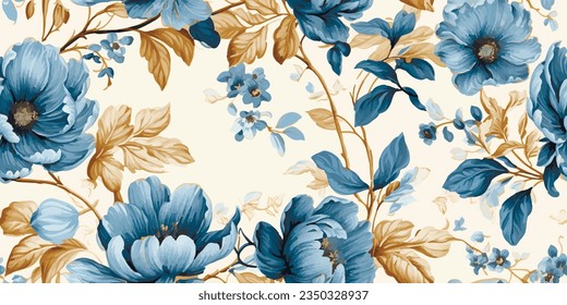 Floral print. Vector vintage illustration of blue flowers, leaves, frame, pattern for background, background. Modern seamless pattern. Fashionable template for design or wedding invitations