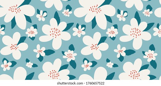 Floral print with white flowers on a pastel turquoise background. Vector Botanical seamless pattern in a hand-drawn style. Modern vintage design. Fashion template for fabrics, covers, Wallpapers...