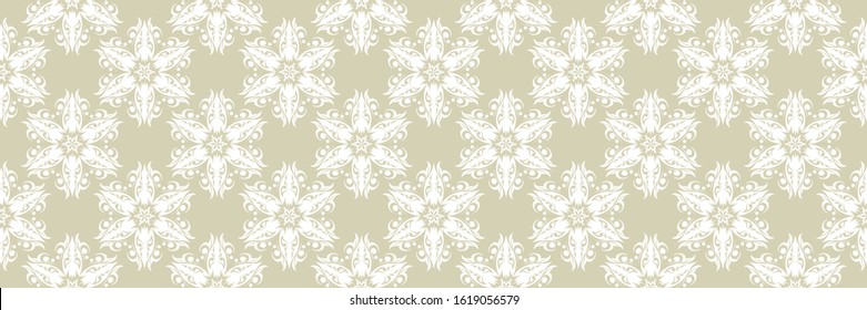 Floral print. White pattern on olive green seamless background. Vector illustration