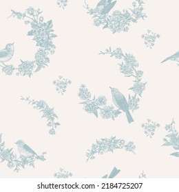 Floral print with wreaths, tiny bouquets and birds. Vector seamless pattern. Vintage background. Blue and white.