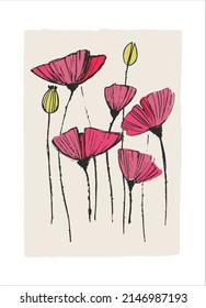 Floral printable art for clothing design, accessories, greeting cards, other design projects. Hand drawn poppy flowers