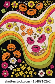 Floral Psychedelic Background 1960s, 1970s Style, Flowers and Waves