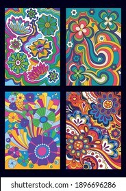 Floral Psychedelic Background Set, Abstract Colorful Patterns 1960s Style 