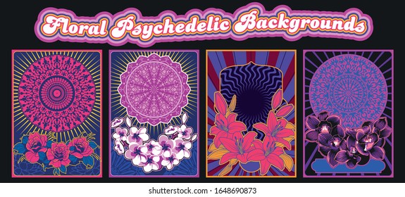 Floral Psychedelic Backgrounds Hippie Art Style, Poster, Banner, Cover Templates