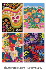 Floral Psychedelic Backgrounds, Patterns from the 1960s, 1970s, Vintage Style Flowers and Wavy Shapes