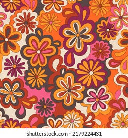 Floral psychedelic hippie seamless pattern. Vector nostalgic retro flowers, 60s groovy print. Vintage 70s background. Textile and surface design with old fashioned hand drawn abstract floralel ements