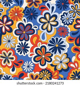 Floral psychedelic hippie seamless pattern. Vector nostalgic retro flowers, 60s groovy print. Vintage 70s background. Textile and surface design with old fashioned hand drawn abstract floralel ements