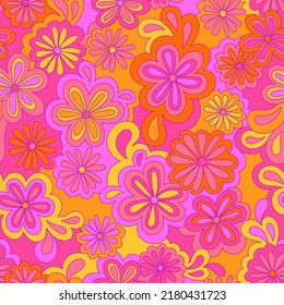 Floral psychedelic hippie seamless pattern. Vector nostalgic retro flowers, 60s groovy print. Vintage 70s background. Textile and surface design with old fashioned hand drawn abstract floralel ements