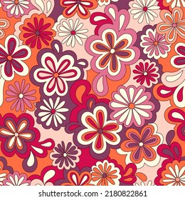 Floral psychedelic hippie seamless pattern. Vector nostalgic retro flowers, 60s groovy print. Vintage 70s background. Textile and surface design with old fashioned hand drawn abstract floralel ements