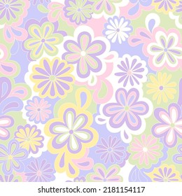 Patrón hippie psicodélico floral sin fisuras. Flores retro nostálgicas vectoriales, estampado groovy de los años 60. Fondo de los años 70. Diseño textil y de superficie con elementos de floral abstractos a mano de antaño