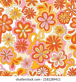 Patrón hippie psicodélico floral sin fisuras. Flores retro nostálgicas vectoriales, estampado groovy de los años 60. Fondo de los años 70. Diseño textil y de superficie con elementos de floral abstractos a mano de antaño