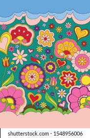 Floral Psychedelic Pattern, Background from the 1960s, 1970s Hippie Art Style 