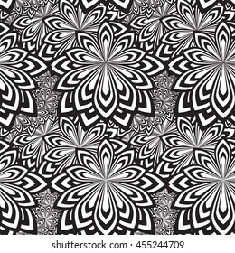 Floral psychedelic seamless pattern. Stylized flowers. Black and white modern background. Vector illustration.