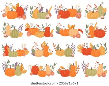 Floral pumpkin composition with autumn vegetable, garden plant leaves and rowan tree berries isolated set. Fall season holiday colorful decorative harvest still life element vector illustration