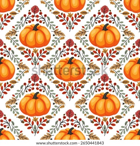 Floral pumpkin seamless pattern in damask ornament. Fall or Thanksgiving day background. Vector autumn print with maple, leaves, foliage, berry. Cute colorful wrapping paper, textile design, wallpaper