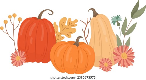 Floral Pumpkins Composition Vector Illustration