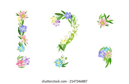 Floral punctuation marks. Exclamation, question mark and comma made of leaves and flowers cartoon vector illustration