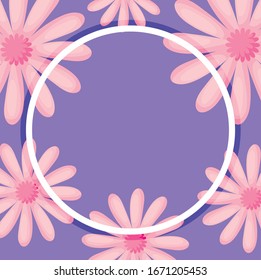 floral purple background and circular frame, colorful design, vector illustration
