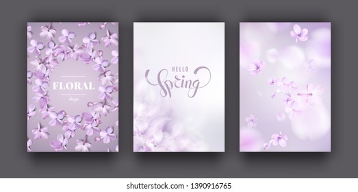 Floral purple background set with soft pink lilac flowers and petals