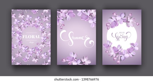 Floral purple background set with soft pink lilac flowers and petals