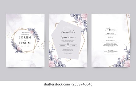 Floral purple leaves geometric arranged wedding invitation card set
