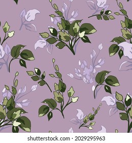 Floral Purple Seamless Pattern Background with Green Leaves.