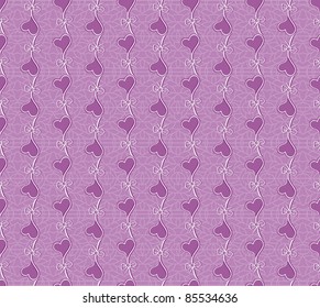 Floral purple vector seamless lace pattern with heart flowers. Lace background. Endless heart floral texture for textile.
