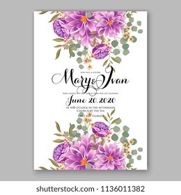 Floral purple violet chrysanthemum peony wedding invitation vector printable card template Bridal shower bouquet flower marriage ceremony wording text