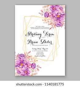 Floral purple violet chrysanthemum peony wedding invitation vector printable card template Bridal shower bouquet flower marriage ceremony wording text
