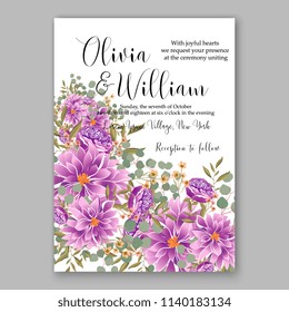 Floral purple violet chrysanthemum peony wedding invitation vector printable card template Bridal shower bouquet flower marriage ceremony wording text