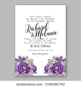 Floral purple violet ranunculus peony rose wedding invitation vector printable card template Bridal shower bouquet flower marriage ceremony wording text