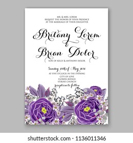 Floral purple violet ranunculus wedding invitation vector printable card template Bridal shower bouquet flower marriage ceremony wording text