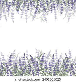 Borde floral morado-lavanda hecho de flores de lavanda y hojas, para el diseño de postales, invitaciones, banners, embalajes y papel pintado. Un marco