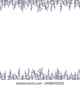 Borde floral morado-lavanda hecho de flores de lavanda y hojas, para el diseño de postales, invitaciones, banners, embalajes y papel pintado. Un marco para tu diseño. Ilustración del vector