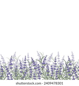 Borde floral morado-lavanda hecho de flores de lavanda y hojas, para el diseño de postales, invitaciones, banners, embalajes y papel pintado. Un marco para tu diseño. Ilustración del vector