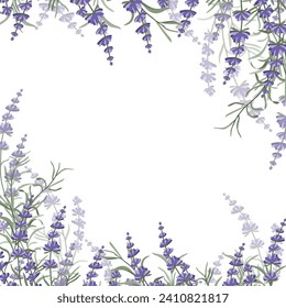 Borde floral morado-lavanda hecho de flores de lavanda y hojas, para el diseño de postales, invitaciones, banners, embalajes y papel pintado. Un marco para tu diseño. Ilustración del vector