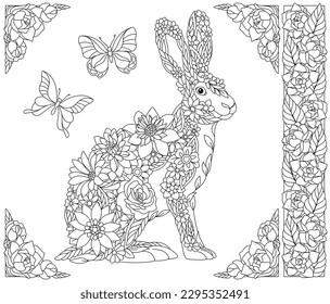 Floral rabbit. Adult coloring book page with fantasy animal and flower elements