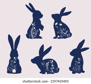 Floral rabbit, Bunny Easter flowers, rabbit silhouette, vector bunny