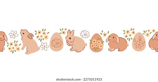 Conejo de conejo floral, frontera sin costura, conejos pequeños dibujados a mano, huevos de Pascua en un banner de repetición de color beige pastel. Diseño vectorial de cuadros decorativos de primavera dulce. Ilustración.