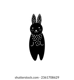 Floral rabbit silhouette in linocut style. Cute bunny shape, flower, leaves.Vector illustration of linocut rabbit. Modern boho decorative linocut.