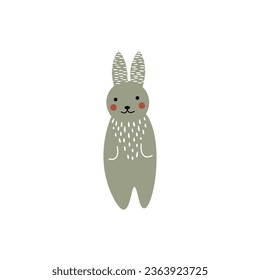 Floral rabbit silhouette in linocut style. Cute bunny shape, flower, leaves.Vector illustration of linocut rabbit. Modern boho decorative linocut.