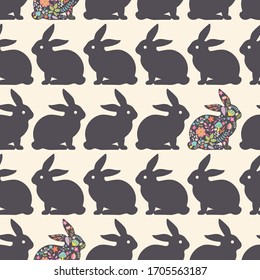 Floral Rabbits Style Vector Seamless Pattern