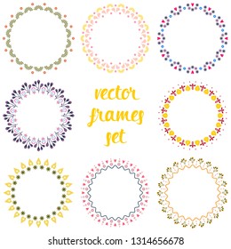 Floral radial mandala frames vector set. Round colorful wreaths for festive folk design. Nature ornament theme illustration