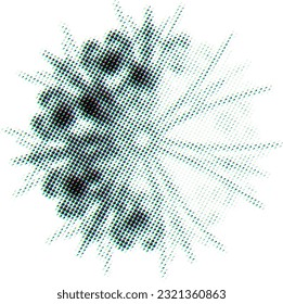 Floral radiant dotted mandala in halftone dot effect style with CMYK glitch effect. An optical blur effect (far or near) that shifts the CMYK spectrum. Highlighted the right sector with lightening.