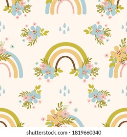 FLORAL RAINBOW Hand Drawn Flower Holiday Cartoon Seamless Pattern Vector Illustration For Textile Print