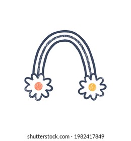 Floral rainbow minimalistic vector illustration isolated on white. Simple linear arch with naive daisy flowers clipart. Boho hippie vibes print design.