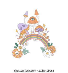 Floral rainbow mystic stange eyed mushrooms vector illustration isolated on white. Boho hippie groovy celestial natural bloomy spooky poster for Halloween.