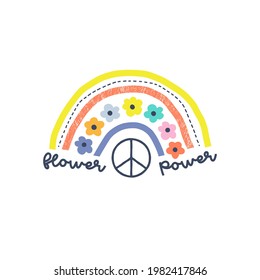 Floral Rainbow With Pacific Sign And Flower Power Text Vector Illustration Isolated On White. Cute Inspirational Hippie Print For Kid T-shirt Design.