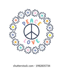 Floral rainbow with pacific sign and flower power text vector illustration isolated on white. Cute inspirational hippie print for kid t-shirt design.